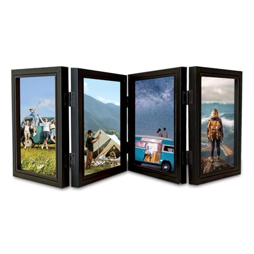 Delamiya Marco de fotos para 4 fotos, 10 x 15 cm, plegable, de madera, para el escritorio o la familia, regalos de boda, regalo para madre, amiga (negro, cuadruple)