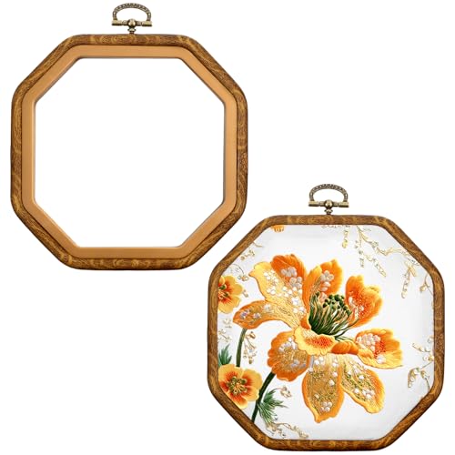 2 PCS Embroidery Hoops Imitate Wood Octagonal Frame Cross Stitch Hoop Ring Decoration Imitated Wood Display Frame for Embroidery Art Craft DIY Sewing Ornaments Hanging Decoration