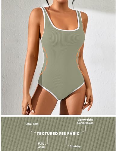 Image of Blooming Jelly Womens One Piece Swimsuit Sporty Tummy Control Bathing Suit Ribbed Slimming Cute Flattering High Cut Swimwear