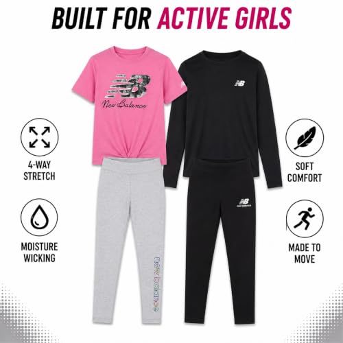 Image of New Balance Active Girls Legging Set - 4 Piece Athletic Short Sleeve Shirt, Long Sleeve Shirt & Activewear Girls Leggings Set