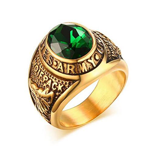 YAHOYA Hombres Calidad Anillo de Piedra Verde Anillo de Acero Inoxidable Vintage de Color Dorado Anillo del Ejército para Niños