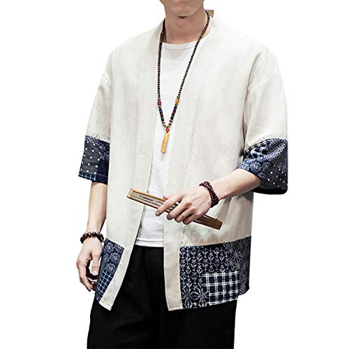 PRIJOUHE Men's Kimono Jackets Cardigan Lightweight Casual Cotton Blends Linen Seven Sleeves Open Front Coat Outwear