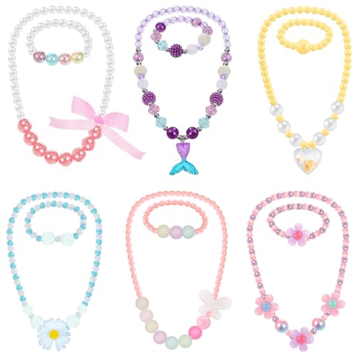 Sumind 6 Sets Toddler Jewelry for Little Girls Baby Beaded Necklace and Bracelet Costume Dress up Jewelry Gifts Princess Party Favors(Flower Style)