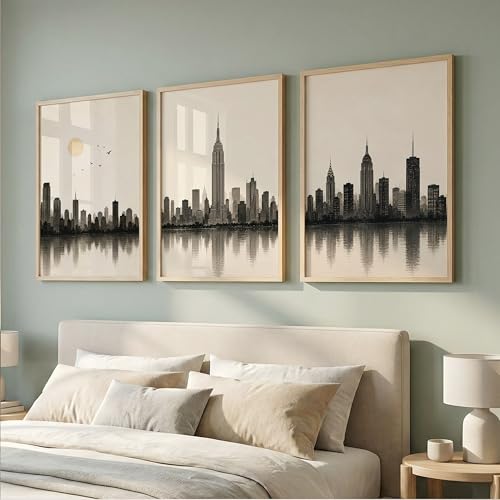 Image of Set of 3 Modern City Skyline Wall Art Paintings for Living Room | Minimalist Urban Cityscape Wall Decor | Neutral Beige Framed Wall Paintings for Bedroom, Office, Hall & Home Decoration (10x13 Inches)
