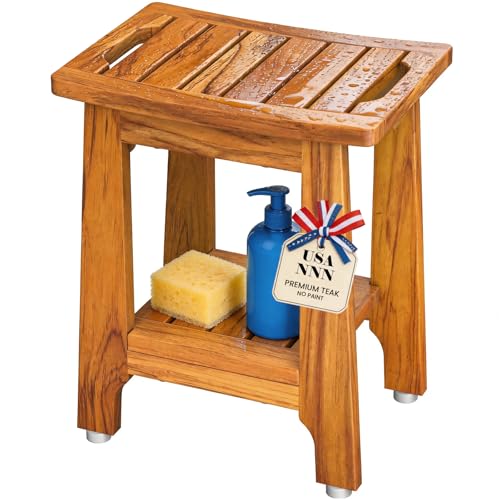 14' Compact Teak Shower Stool with Shelf & Handle - Waterproof, Non-Slip Bath Bench for Small Bathrooms/Tub/Outdoor Use, 300 lbs Capacity (Patented)