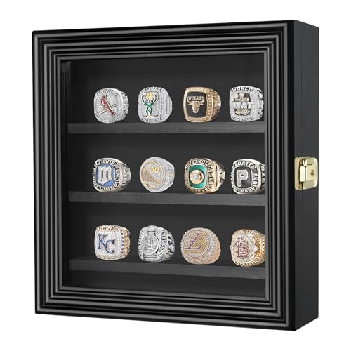 MoKo Championship Ring Display Case, 12 Ring Holder, Wooden Box with Lock, Wall Mount or Tabletop Display