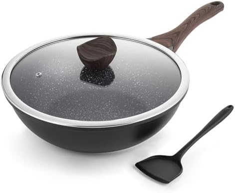 Kordisen Wokpfanne induktion, 30 cm Wok mit Deckel, Aluminiumguss, Beschichtung in Steinoptik, kompatibel mit allen Herden, PFOA-frei, Schwarz