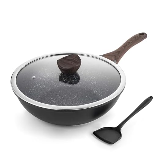 Kordisen Nonstick Wok with Lid, 12 Inch Woks & Stir-fry Pans, Granite Stone Coating for Cooking, Induction Cookware, Compatible with All Stovetops, PFOA Free