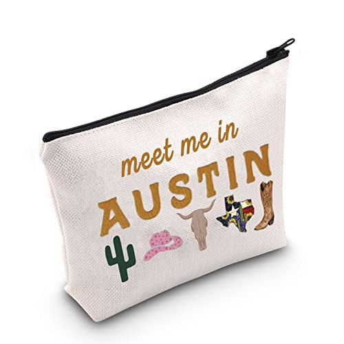 POFULL Austin Gifts Texas Bachelorette Party Makeup Bag Meet Me in Austin Travel Cosmetic Pouch