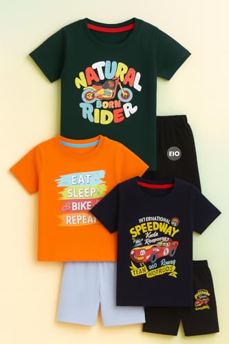 Image of EIO Boys Cotton Printed Dress Clothing Set Combo with Tshirts & Shorts-Pack 3