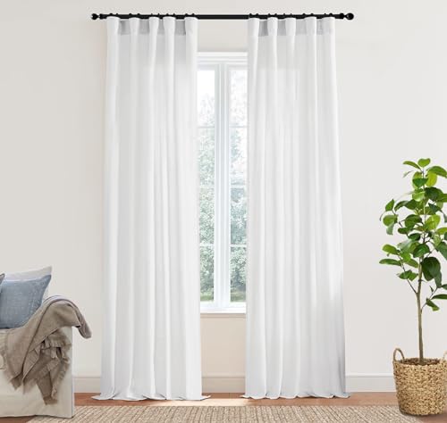 Image of XTMYI 86 Inch Long White Linen Curtains, Semi Sheer Light Filtering Drapes for Bedroom Living Room 2 Panels Set