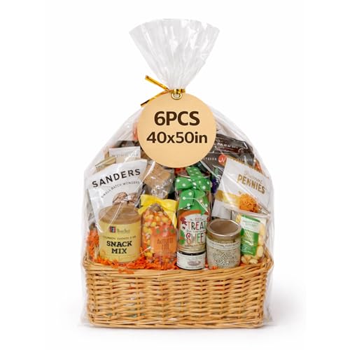WIKDAY Clear Gift Bags 5 PCS 24x30 Inches Large Cellophane Wrap for Gift Baskets Wrapping Plastic with Ties for Gift Giving, Packaging Products
