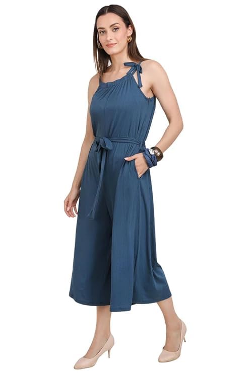 Momiandme Elegant Sleeveless Jumpsuit in Soft Cotton Viscose Lycra Blend with Stretch | Belted Waist, Flared Culotte Bottom, Functional Side Pockets-image-37