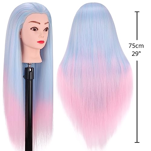 TopDirect Trainingskopf für Friseure 75cm/29.5 Zoll Frisurenkopf Langhaar 100% Synthetische Haare Übungskopf Friseur Puppe mit Flechthilfe & Halterung, Hellblau + Rosa