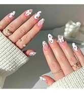 Strawberry French Tip Press on Nails Medium Almond Fake Nails with 3D Bow Design Glue on Nails Cu...
