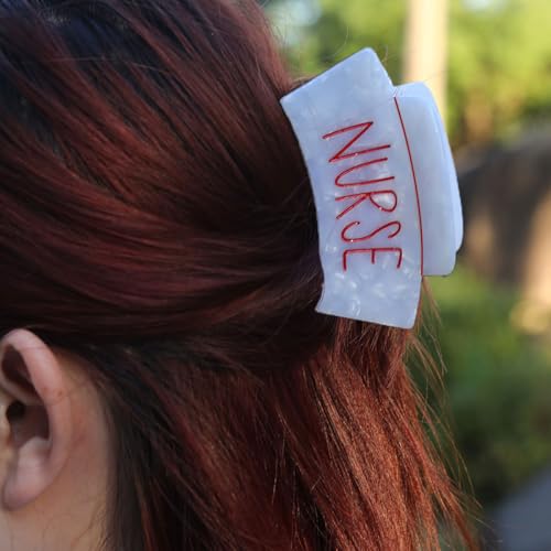Large Nurse Cap Hair Claw, White Acetate Hair Clip with Red Text for Women Girls Gift, 4.1 x 1.96 inches