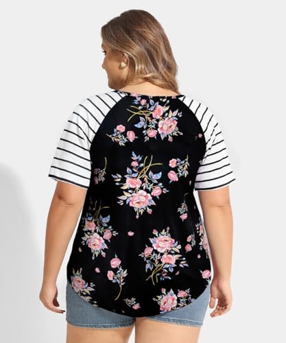 Image of CARCOS Plus Size Tops for Women Short Sleeve Raglan Striped Tee Color Block Crewneck /V Neck Tunic Loose Fit Summer XL-5XL