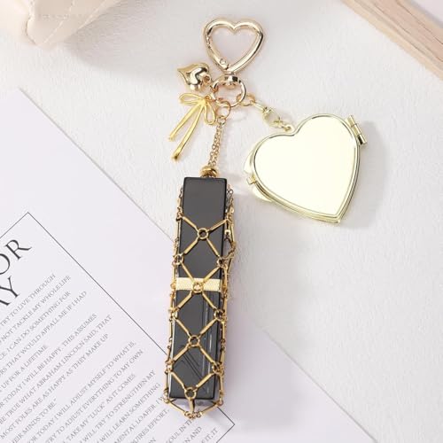 Image of MAYCREATE Bag Charms Y2K Metal Net Lipstick Holder Keychain with Touch Up Mirror, Fashion Golden Makeup Lipstick Balm Organizer Portable Chic Bag Charm Accessories