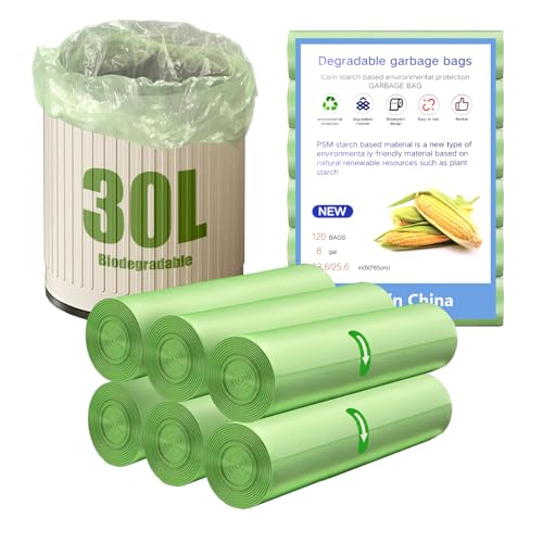 YOMKILU 120 Piezas Bolsas Basura Biodegradable 30L, 6 Rollen 60x65cm Bolsa Basura, 8 Gal Prueba de Fugas Bolsas de Basura para Sala de Estar, Cocina, Baño, Oficina, Verde