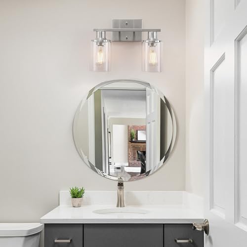 Image of Brushed Nickel Bathroom Light Fixtures Over Mirror,2-Light Bathroom Vanity Light with Clear Glass Shade,Modern Farmhouse Wall Sconces Lighting for Mirror Kitchen Living Room Cabinet