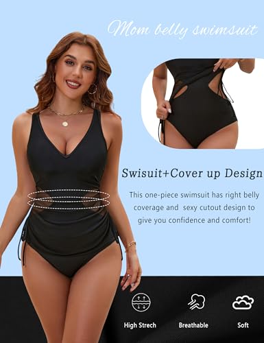 BMJL Womens One Piece Swimsuit Mesh Tummy Control Bathing Suit V Neck Cut Out Adjustable Straps Swimwear3