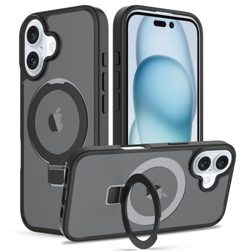 Image of Magnetic iPhone 16 case,Compatible with Magsafe, Military-Grade Protection,Slim Translucent Matte Shockproof with Anti-Scratch Anti-Fingerprint Phone Cover (Black Bracket, iPhone 16)