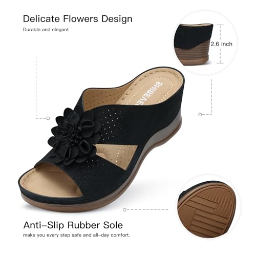 Image of SHIBEVER Womens Wedge Sandals Dressy: Arch Support Slip-On Comfortable Summer Sandals Open Toe Flower Casual Platform Shoes Size 5-11