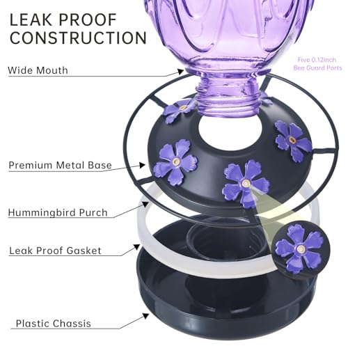 Image of Glass Hummingbird Feeder for Outdoors Hanging,24Ozs Humming Bird Nectar Feeder Perch,5 Flower Feeding Ports, Leak Proof Base and Hook for Outside Garden Backyard Decor, Gifts for Women Mom,Purple