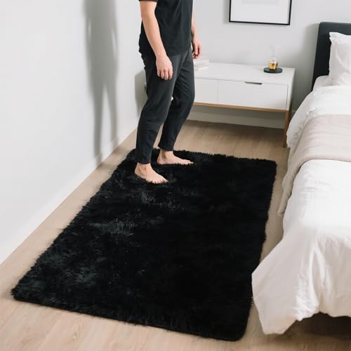 Small Bedside Rug, 3x5 Non Slip Fluffy Shaggy Entryway Throw Rugs for Bedroom Living Room, Indoor Floor Carpet for Kids Girls and Boys, Nursery Rooms Mat, Home Decor Aesthetic, Black