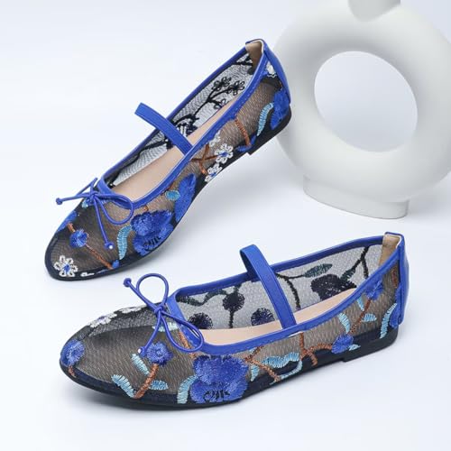 Hee grand Mesh Ballet Flats for Women Floral Embroidered Round Toe Ballerina Shoes Elastic Straps Mary Jane Flats Big Size3