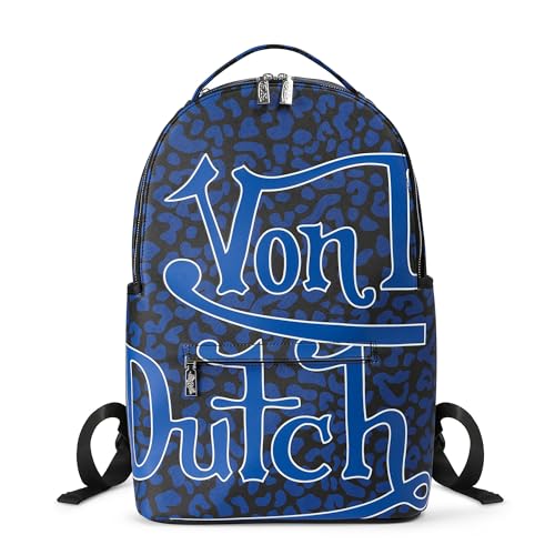 Von Dutch Medium Backpack Stylish Multi?Purpose Backpack with Front Zip Pocket Adjustable Straps and Durable Design (Blue Cheetah)