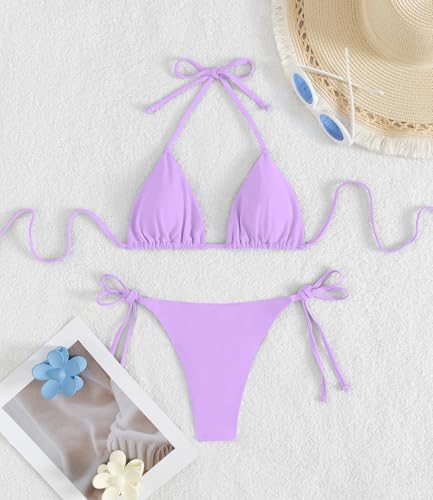 Image of Tainehs Women's Sexy Halter Thong Bikini Tie Two Sides Bottom Triangle Bikini Swimsuits