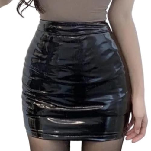 2025 Womens Spring Autumn Short Skirt Glossy Leather Black High
