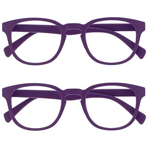 OPULIZE Pop Gafas de Lectura Pack de 2 Redondas Violeta Mate Satinado Bisagras con Muelle Resistentes a los Arañazos Hombre Mujer RR2-5 +1.00