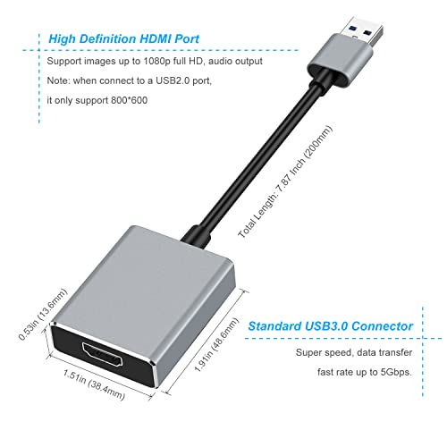 CHILTINA USB to HDMI Adapter, USB 3.0/2.0 to HDMI 1080P Video Graphics Cable Converter Compatible with Windows 7/8/8.1/10 ,Desktop, Laptop, PC,... - Image 2
