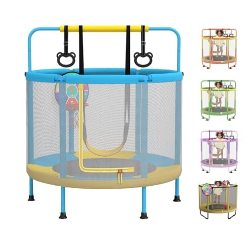 LANGXUN 60" Trampoline for Kids, 5ft Toddler Mini 6-in-1 Trampoline Indoor Outdoor with Swing, Basketball Hoop, Dart Board, Rings, Christmas Toys Birthday Gifts for Girls Boys Blue&Yellow 6-