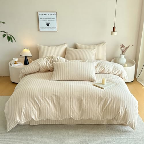 Image of PinkMemory Beige Striped Duvet Cover Set King 100% Washed Cotton Beige Striped Bedding Duvet Cover Set with Stripe Pillowcases-Ultra Soft Breathable Zipper Closure Corner Ties