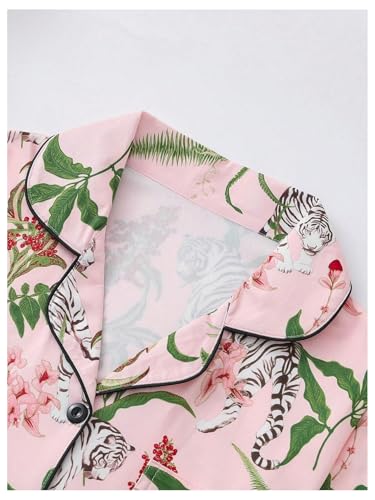 WDIRARA Women's Floral Tiger Print Pajama Set Long Sleeve Button Down Lounge Pants Sets3