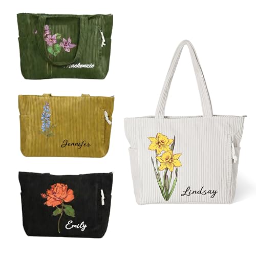Bolso tote grande de pana personalizado con flor natal para mujer Bolso bandolera personalizado con cremallera para la universidad, el colegio, las compras, el trabajo, los viajes y los regalos