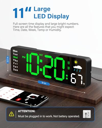 Image of Digital Wall Clock, Digital Clock, Large Display with Remote, Wired LED Alarm Clocks with Date, Week, Temperature, Humidity, Auto DST Countdown, for Living Room