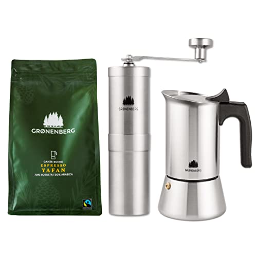 Groenenberg Kaffee Spar Set 9: Bio Espressobohnen 250 g + Espressokocher Induktion Edelstahl 4 Tassen, Mokkakanne (200 ml) + Kaffeemühle manuell Cover