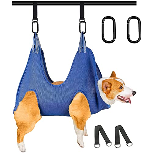 FEEGO Pet Grooming Hammock for Dogs & Cats, Pet Grooming Hammock, Pet Grooming Sling, Dog Grooming Harness, Restraint Bag, Helper, Pet Nail Clip Bag for Grooming, Nail Cutting (M (10-12), Blue)