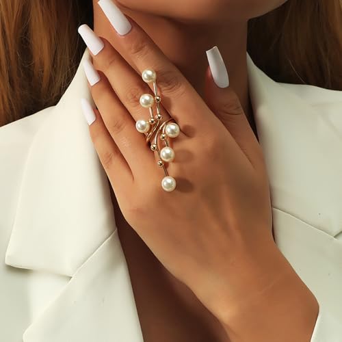 Gold Pearl Rings for Women Chunky Promise Ring Wrap Finger Rings Open Adjustable Stacking Ring Statement Party Prom Jewelry Gifts3