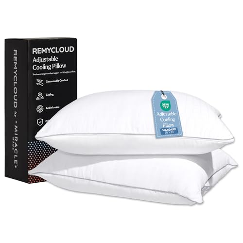 Miracle Made RemyCloud Adjustable Cooling Pillow– Dual-Sided, Instant-Cool Fabric & Breathable Cotton Covers – Moisture-Absorbent, Machine Washable Loft with 2 Removable Inserts Each (2, Standard)