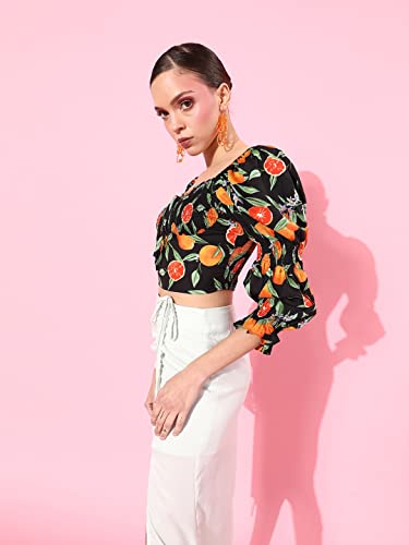Image of Style Quotient Black & Orange Print Sweetheart Neck Bishop Sleeves Crop Top