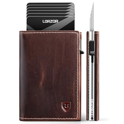 LORZOR Minimalist Wallet for Men with Credit Card Holder, Finest Full Grain Leather, Pop up Smart Wallet, Trifold Slim Wallet, RFID Blocking, Front Pocket, ID Window, Vintagebrown/Silver, Integrated