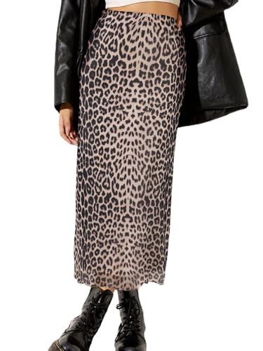 Avanova Women Leopard Print Mesh Midi Skirt High Waist Lettuce Trim Long Straight Skirt Brown Leopard C Large