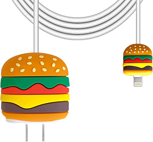 Image of Cartoon 3D Design Protective Case for 18W 20W iPhone 14 13 12 11 Pro Max Fast Charging Cable Adapter Charger, Cute Cartoon Lightning Data Cable Case for iPhone Charger Burger
