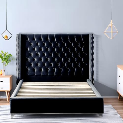 Tiiiopkvvv Modernes Samt-Polsterbett mit tiefen Knöpfen, Massivholz, hochdichter Schaumstoff, silberfarbenes Metallbein, Schwarz