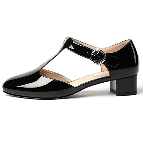 MODENCOCO Women's Round Toe Patent Buckle Dating Fashion T Strap Chunky Low Heel Pumps Dress Shoes 1.5 Inch2